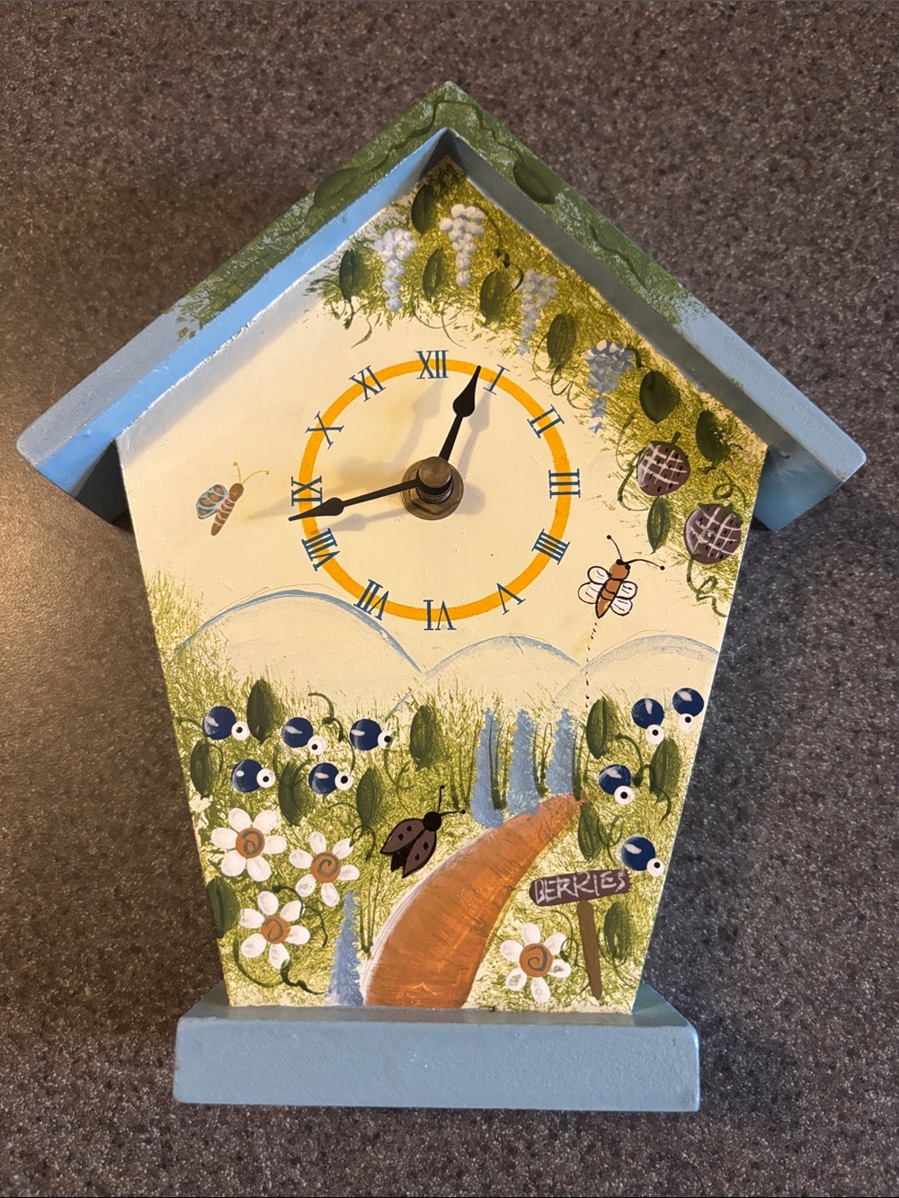 Hand-Painted Cottage-Style Blue & Green Birdhouse Clock